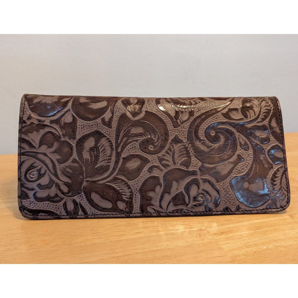 NWOT- Brown Tooled Leather Tri-Fold Wallet - Juan Antonio Floral Design